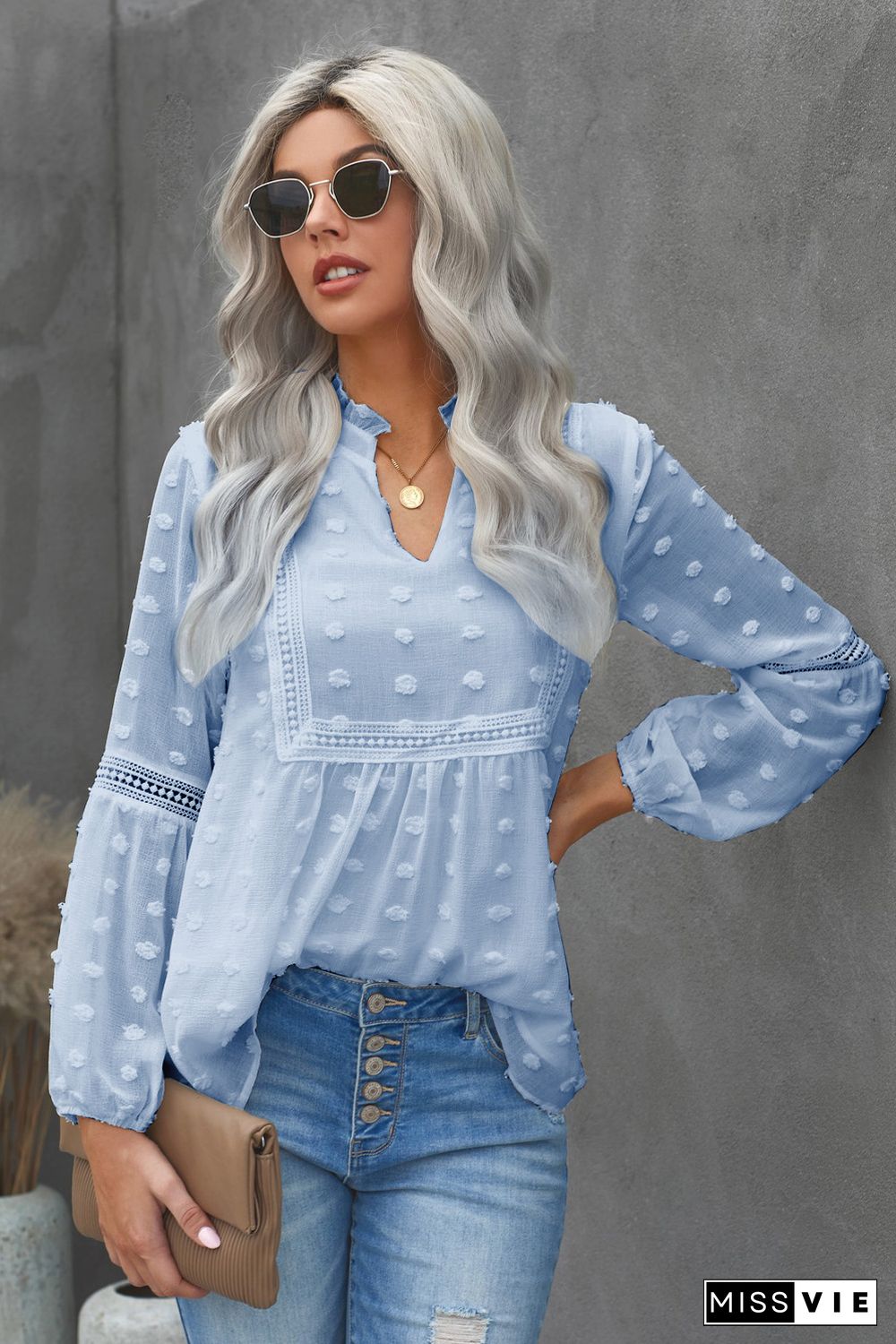 Blue Ruffled Split Neck Lace Hollow Out Puff Sleeve Polka Dot Blouse