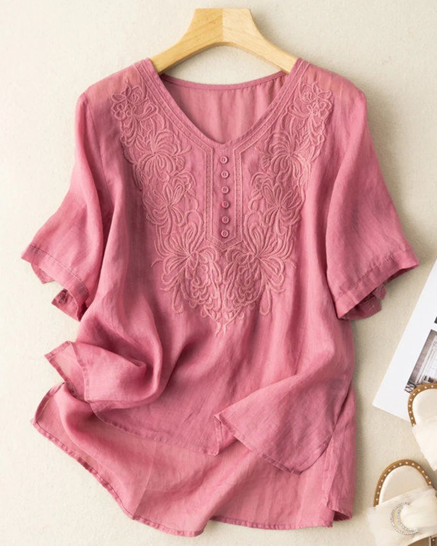Cotton Linen Fine Embroidery V-neck Casual Top