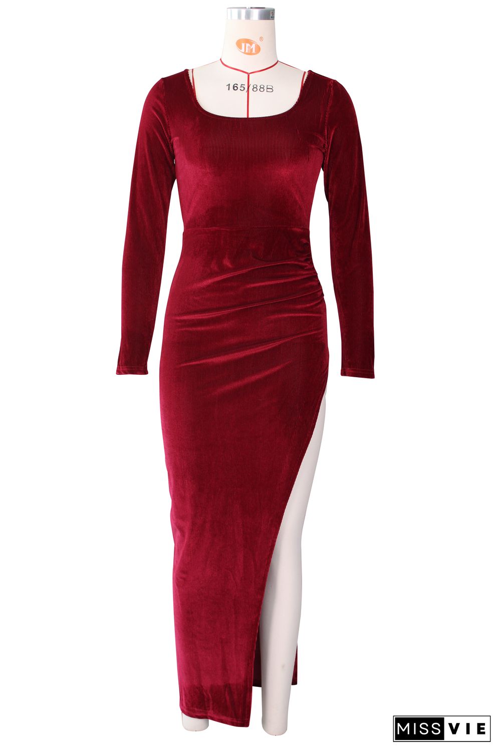 Velvet Long Sleeve High Slit Evening Dress