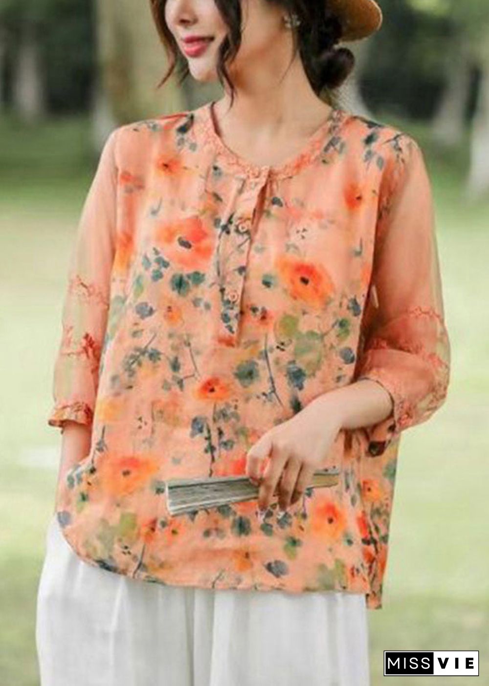 Boho Orange Embroideried Patchwork Print Linen Shirt Top Half Sleeve