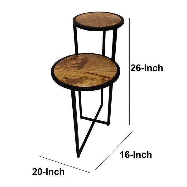 Two Tier Round Wooden Side Table with Metal Frame， Brown and Brass