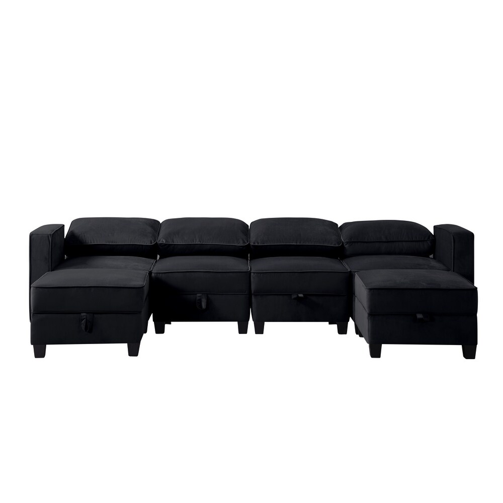 Velvet 116'' Square Arm Sectional Sofa 6 Seater Living Room Sofa with Multiple Storage Spaces and Adjustable Backrest