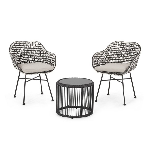 Neblett 3pc Patio Wicker Chat Set White beige black Christopher Knight Home