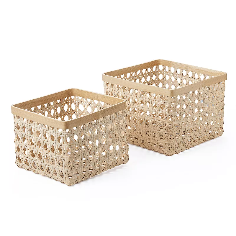 Saddle River Square Natural Open Weave Cane and Bamboo Rim Bin 2-piece Set