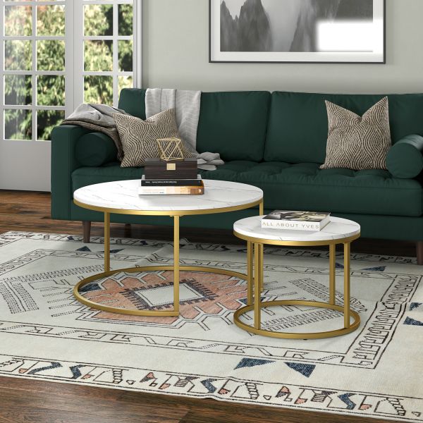 Watson Round Nested Coffee Table with Faux Marble Top in Gold