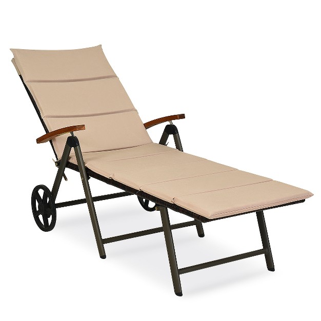 Tangkula Folding Outdoor Rattan Chaise Lounge Chair Cushioned Recliner W Wheels Beige