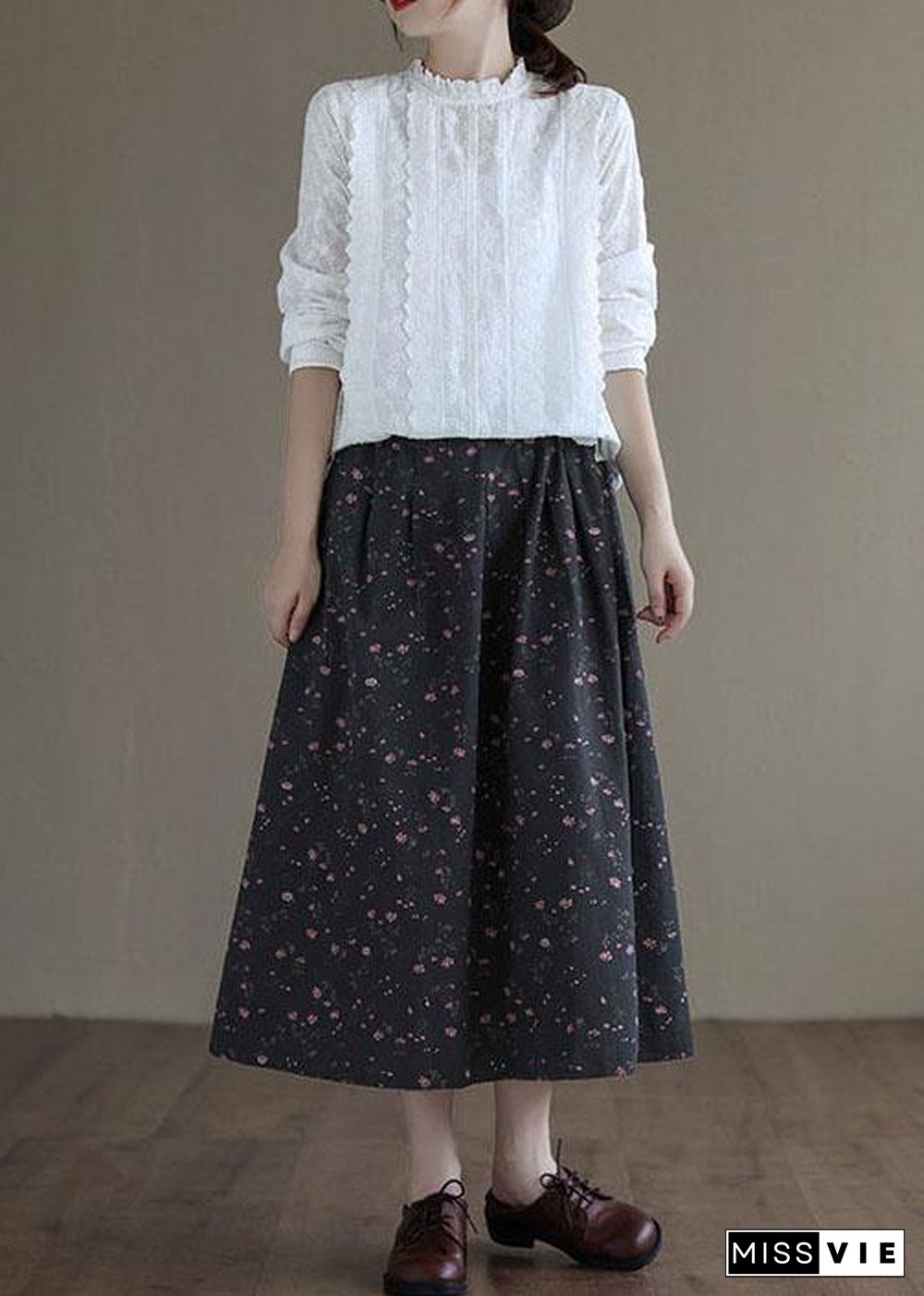 Italian Black Retro Print Summer Skirt Linen