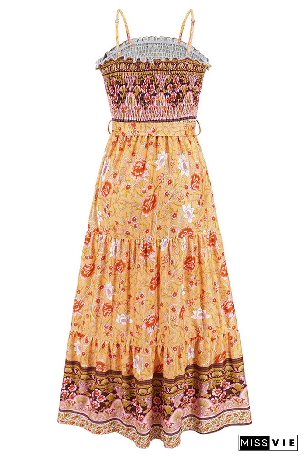 Boho Floral Print Smocked Bandeau Spaghetti Strap Maxi Dress