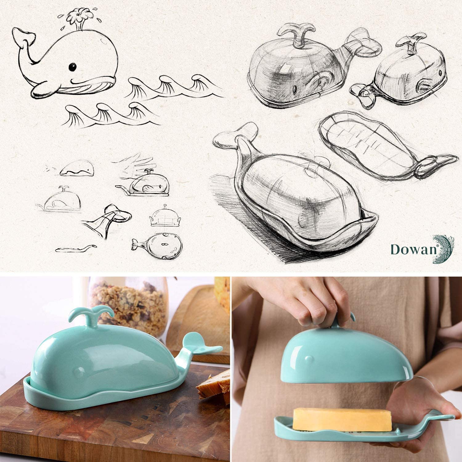 DOWAN Porcelain Butter Dish With Cutting Measuring Line， Large Whale Butter Dish with Cover of Non-slip Design， Ceramic Butter Dishes with Handle for East/West Coast Butter， Turquoise