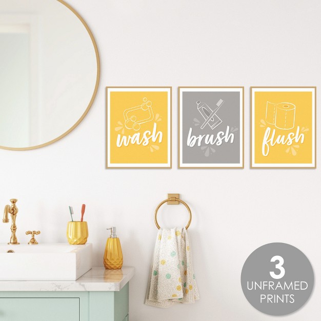 Big Dot Of Happiness Modern Yellow And Gray Unframed Wash Brush Flush Simple Decor Bathroom Wall Art 8 X 10 Inches Set Of 3 Prints