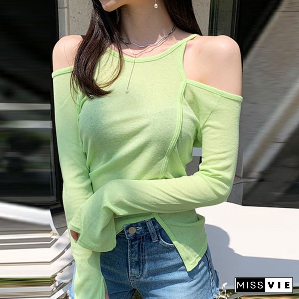 Christmas Gift Tshirt Off Shoulder Long Sleeve White Black Ladies T shirt Summer Fashion Casual Solid Tops Women Thin T-shirt See Through