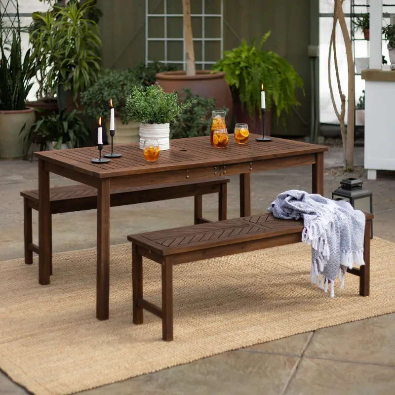 Vincent Dark Brown Bench Patio Table Set - Walker Edison