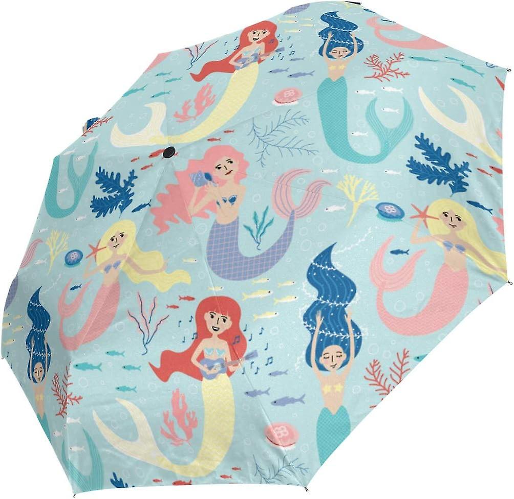 Travel Umbrella Automatic Windproof Foldable Umbrella Cute Mermaids Pattern