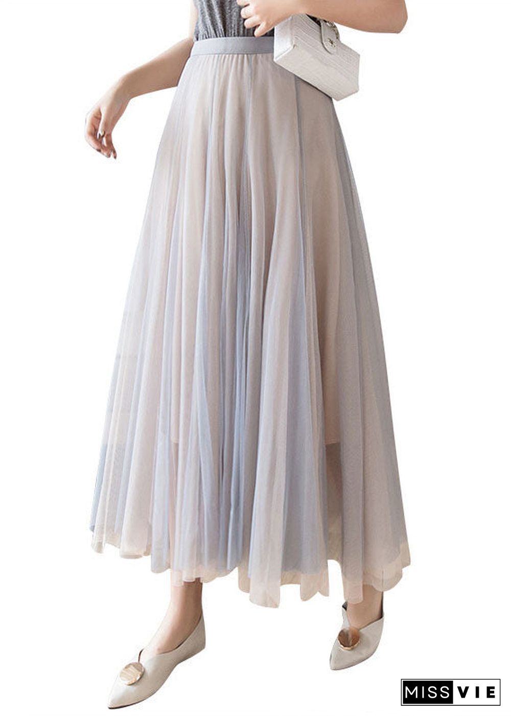 Layered Grey Pink Elastic Waist Tulle A Line Skirt Fall