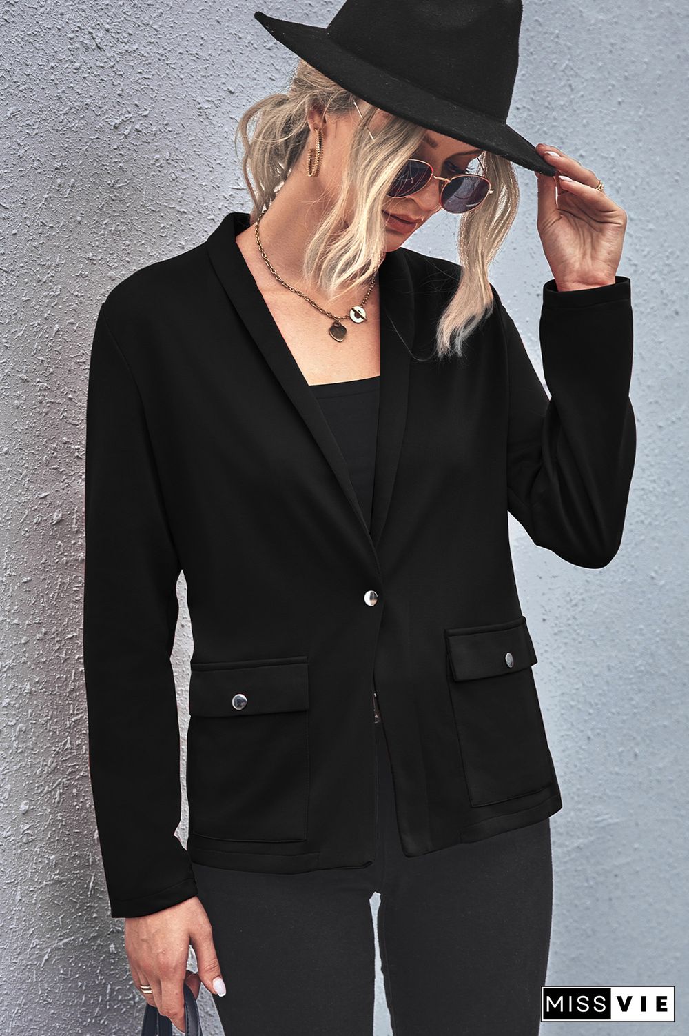 Plain Pocketed Open One Button Blazer Jackets