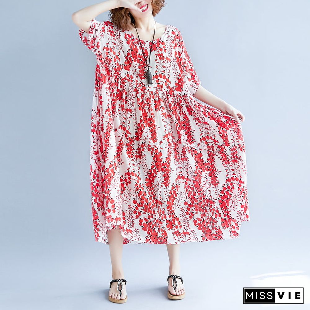 women red linen maxi dress oversize short sleeve print long cotton dresses fine o neck traveling clothing