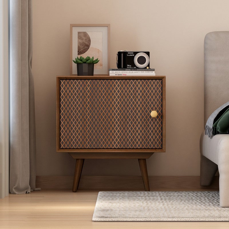 Wood Walnut-colored Side Table with Drawer