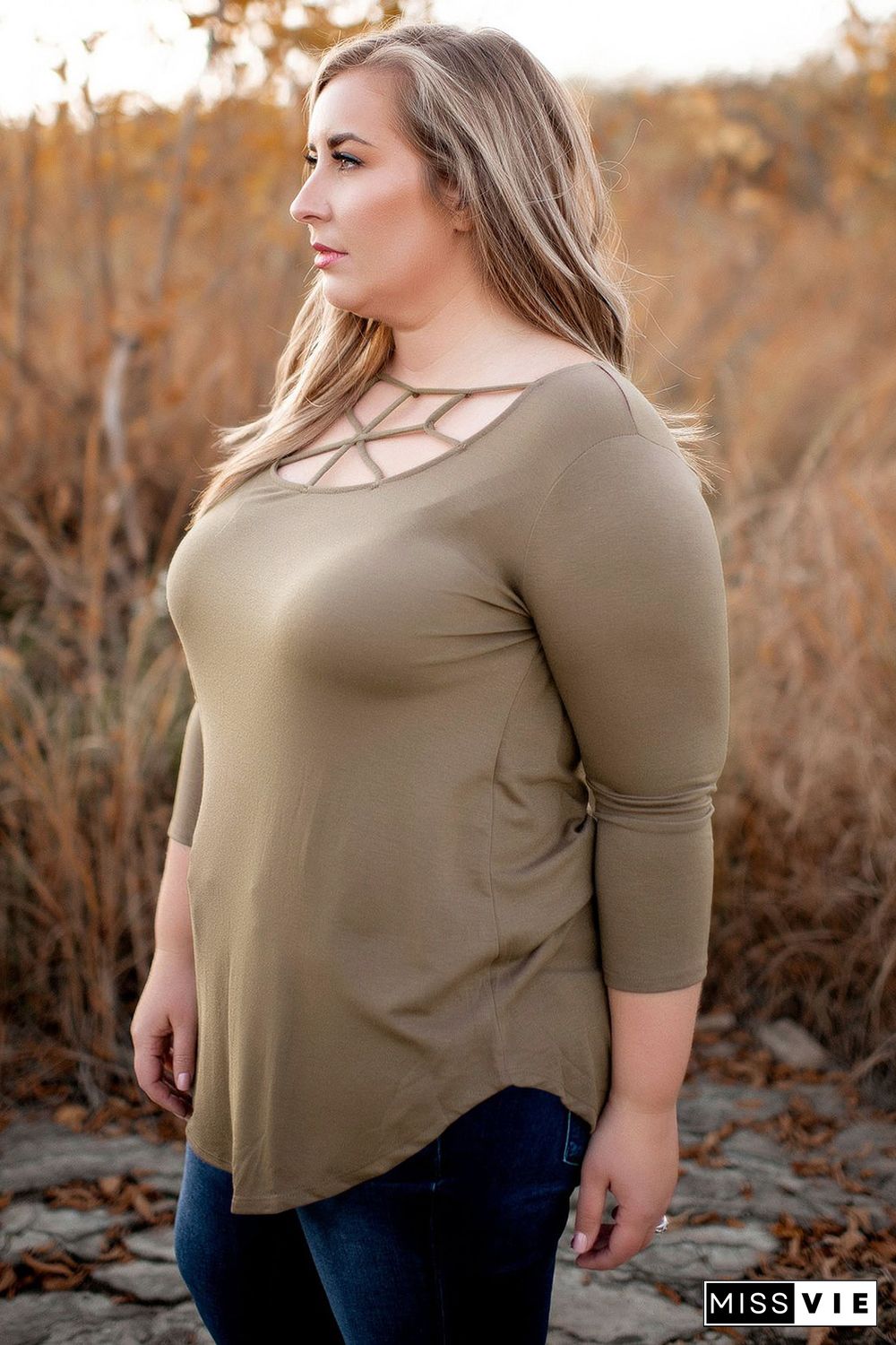 Brown 3/4 Sleeve Cut out Neckline Plus Size Top