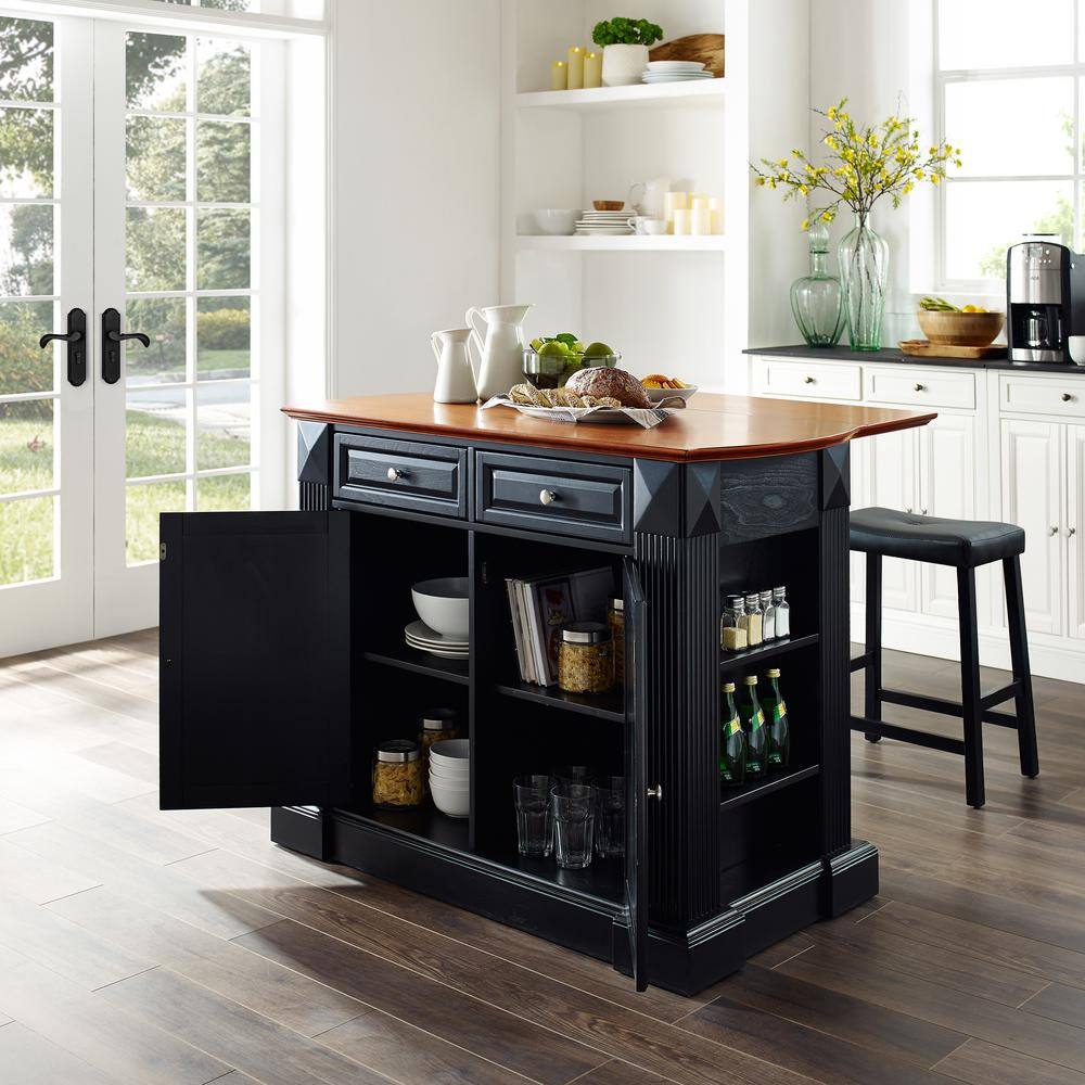 CROSLEY FURNITURE Coventry Black Drop Leaf Kitchen Island with Saddle Stools KF300074BK