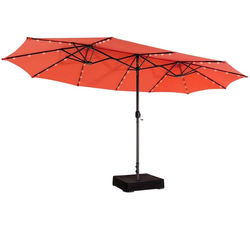 15 FT Double-Sided Patio Umbrella with 48 Solar Lights, Extra-Large Outdoor Twin Market Umbrella with Base