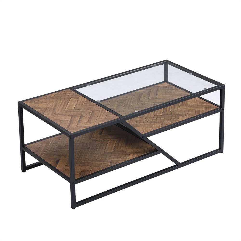 Coffee Table with Storage Shelf Tempered Glass End Table   43.31* 21.56* 17.91 inch