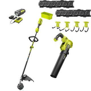 RYOBI 40V Cordless Battery Attachment Capable String Trimmer  Leaf Blower wLINK Wall Storage Kit- 4.0 Ah Battery  Charger RY40940-ST