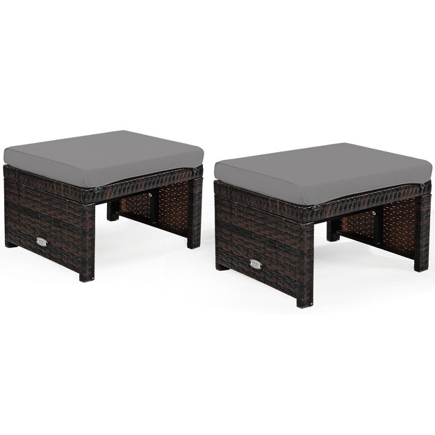 Tangkula 2 Pcs Outdoor Wicker Ottoman Patio Rattan Furniture Metal Footrest Seat Square Footstool With Cushion