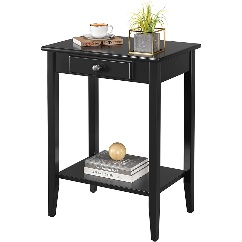 Table with Drawer Black End Table Narrow Bedside Tables with 2 Tier Storage Shelves Versatile Night Stand