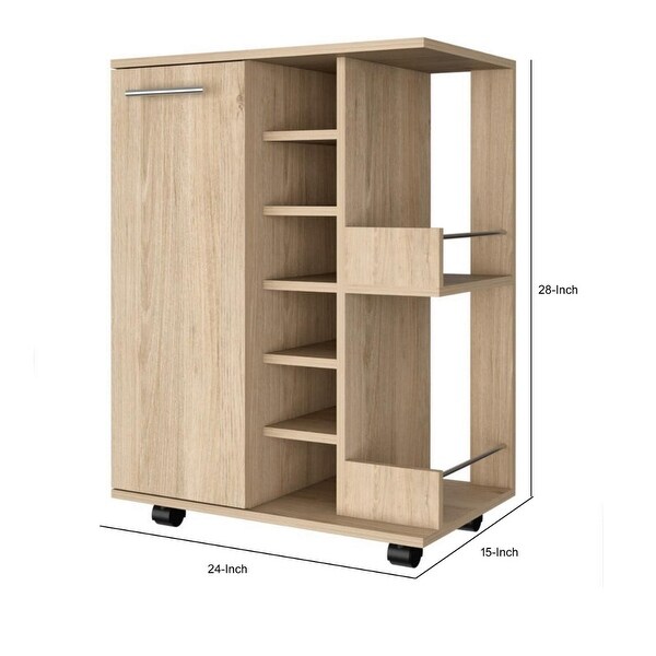 28 Inch Modern Bar Cabinet， 6 Compartments， Laminate Finish， Oak Brown - 15L x 24W x 28H， in inches