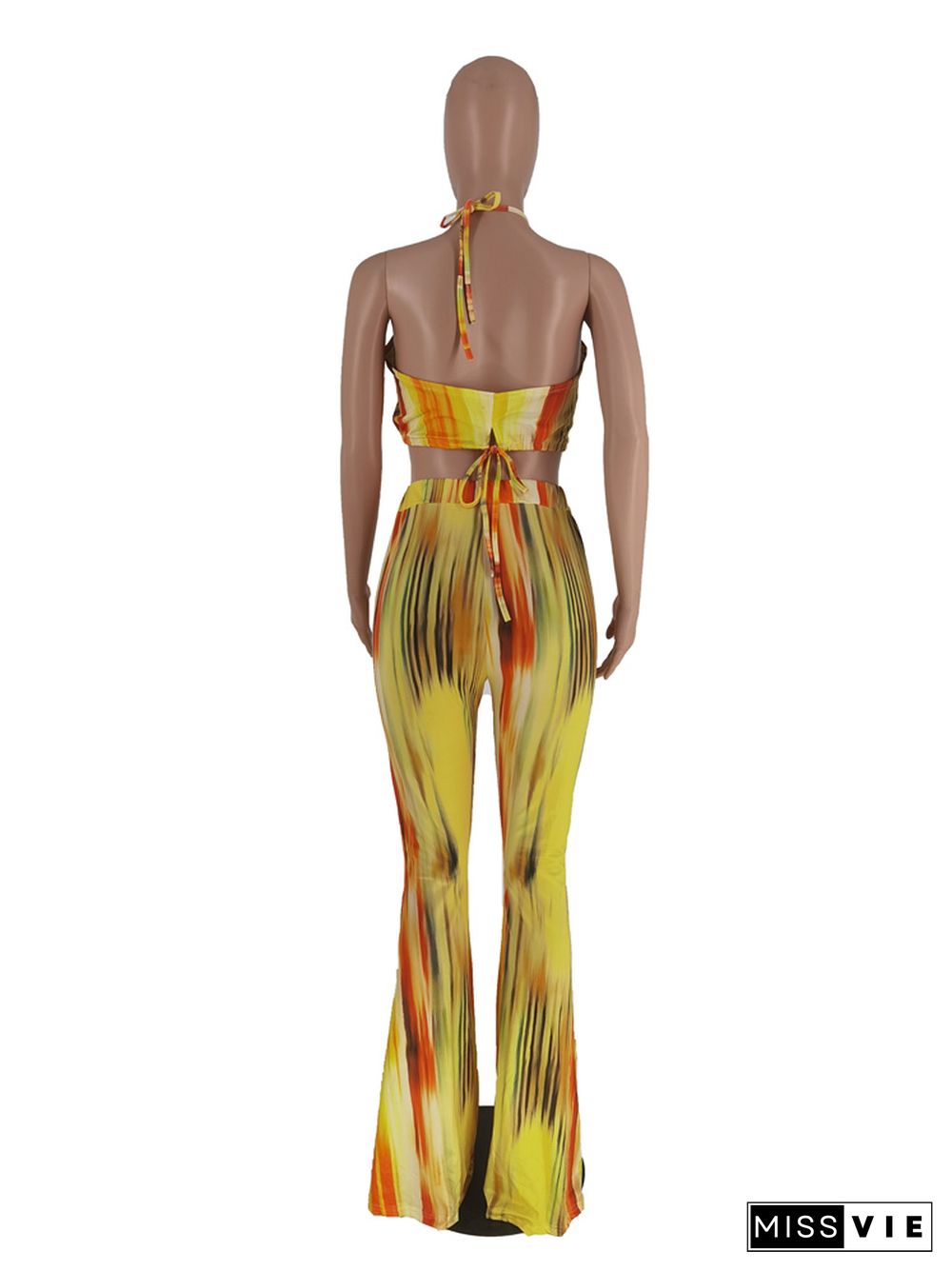 Tie Dye Halter Crop Top and Flared Pants Matching Suit