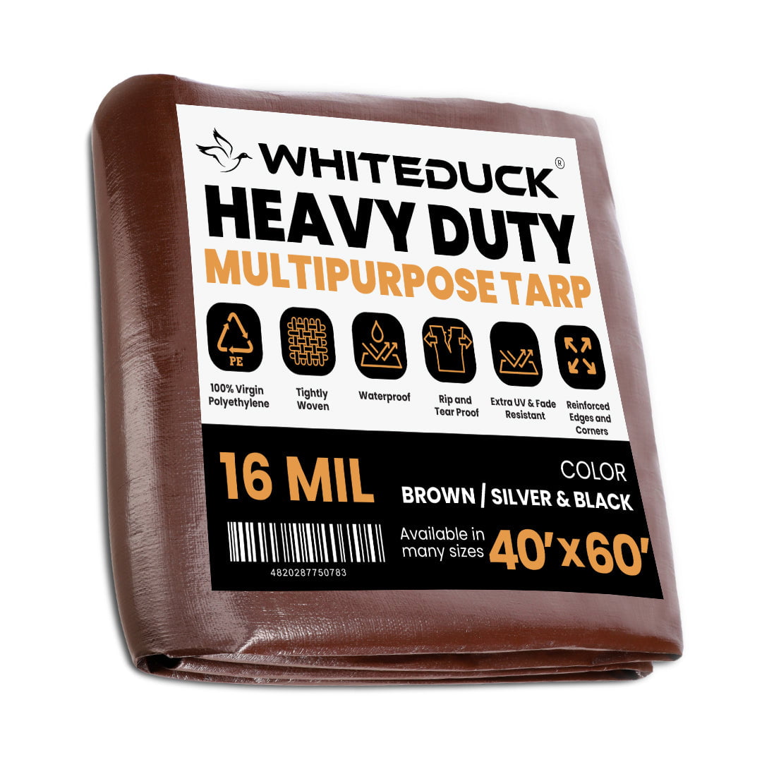 WHITEDUCK 40' x 60' Super Heavy Duty Poly Tarp Thick 16 Mil, Waterproof 100% UV Resistant Rip/Tear Proof Tarp w/Rustproof Grommets & Reinforced Edges (Brown)