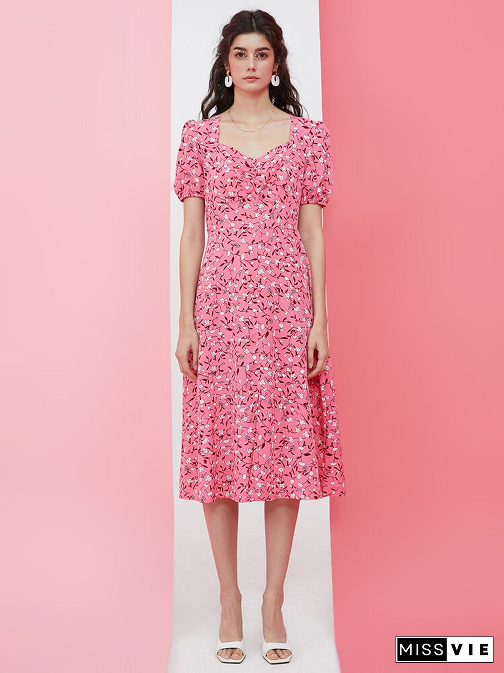 Floral Print Puff Sleeve Slit Ruched Square Collar Pink Dress