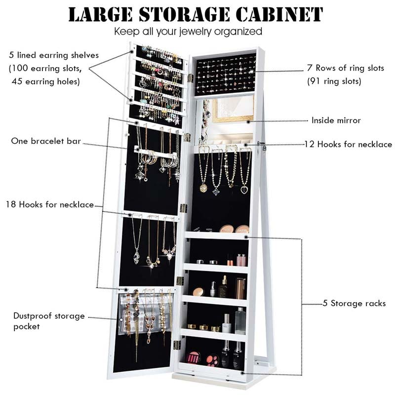 Full-Length Mirror Standing Jewelry Armoire with Inside Makeup Mirror, 2-in-1 Lockable Jewelry Cabinet Organizer