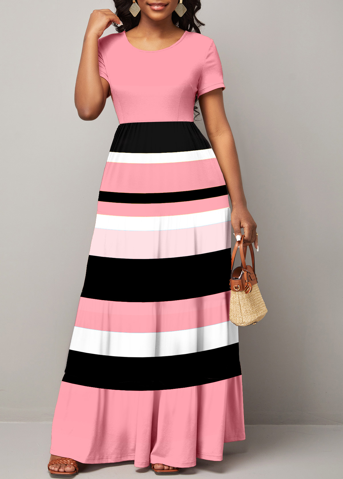 Short Sleeve Round Neck Rainbow Stripe Dress