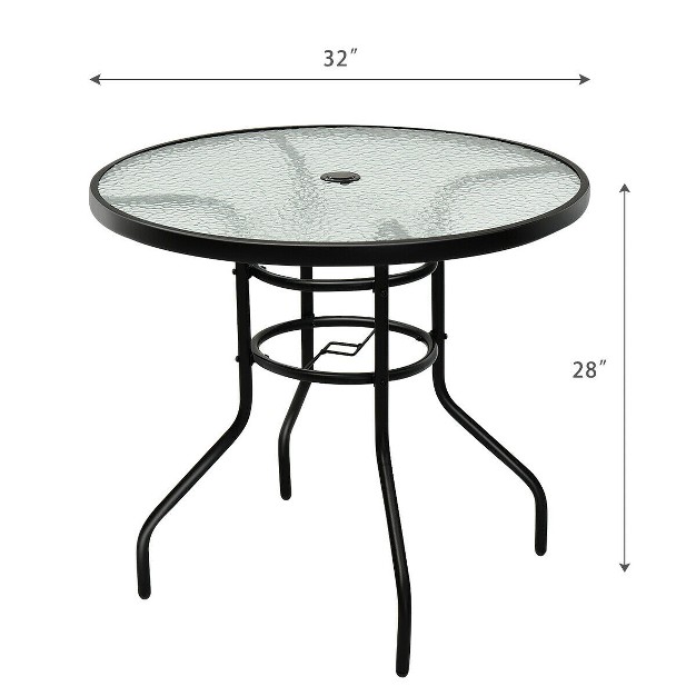 Costway 32 x27 x27 Patio Round Table Tempered Glass Steel Frame Outdoor Pool Yard Garden