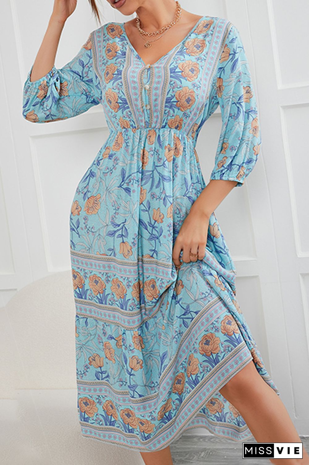 Bohemian Floral Buckle V Neck A Line Dresses