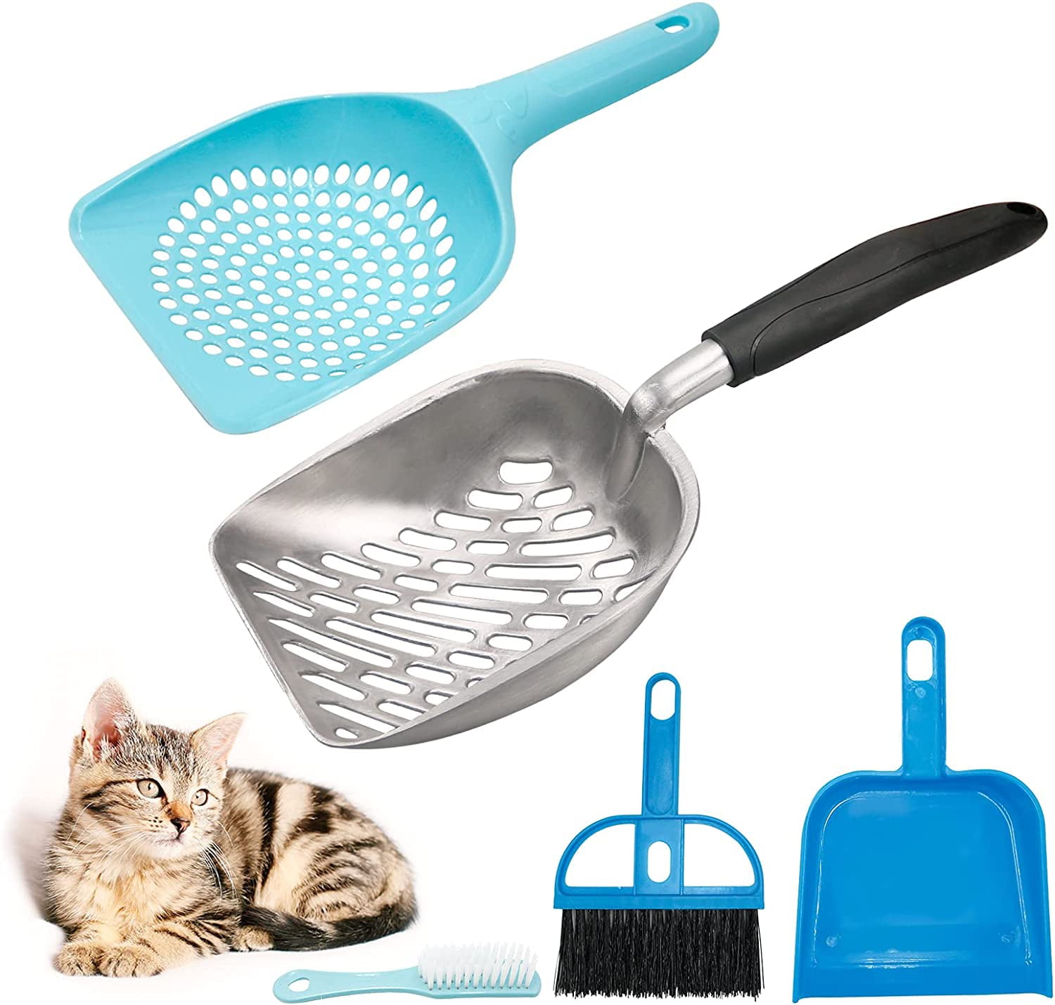 4 Pcs Cat Litter Scoop Set， Large Metal Cat Litter Scoop Long Comfy Handle Fast Sifting Deep Shovel with Small Holes Cat Poop Scoop Hand Brush Small Dustpan