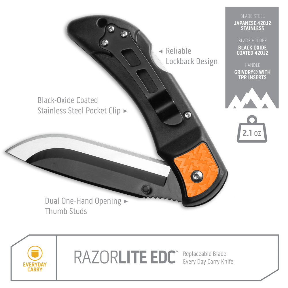 Outdoor Edge RazorLite EDC Folding Knife Orange 3 with 4 Blades ;