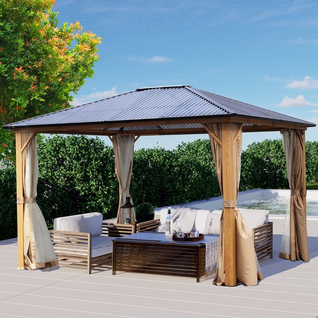 Aoodor Gazebo Polycarbonate Roof Wooden Print Aluminum Frame With Mosquito Netting And Curtain