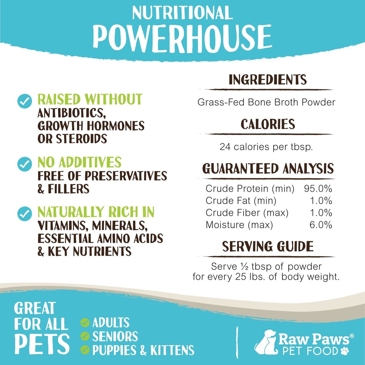 Raw Paws Grass-Fed Beef Bone Broth Powder Dog and Cat Food Topper， 6-oz jar