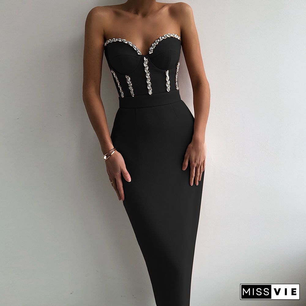 Sexy Strapless Women Dress Bandage Bodycon New Elegant Beading Party Evening Club Midi Dresses Summer Autumn Clothes