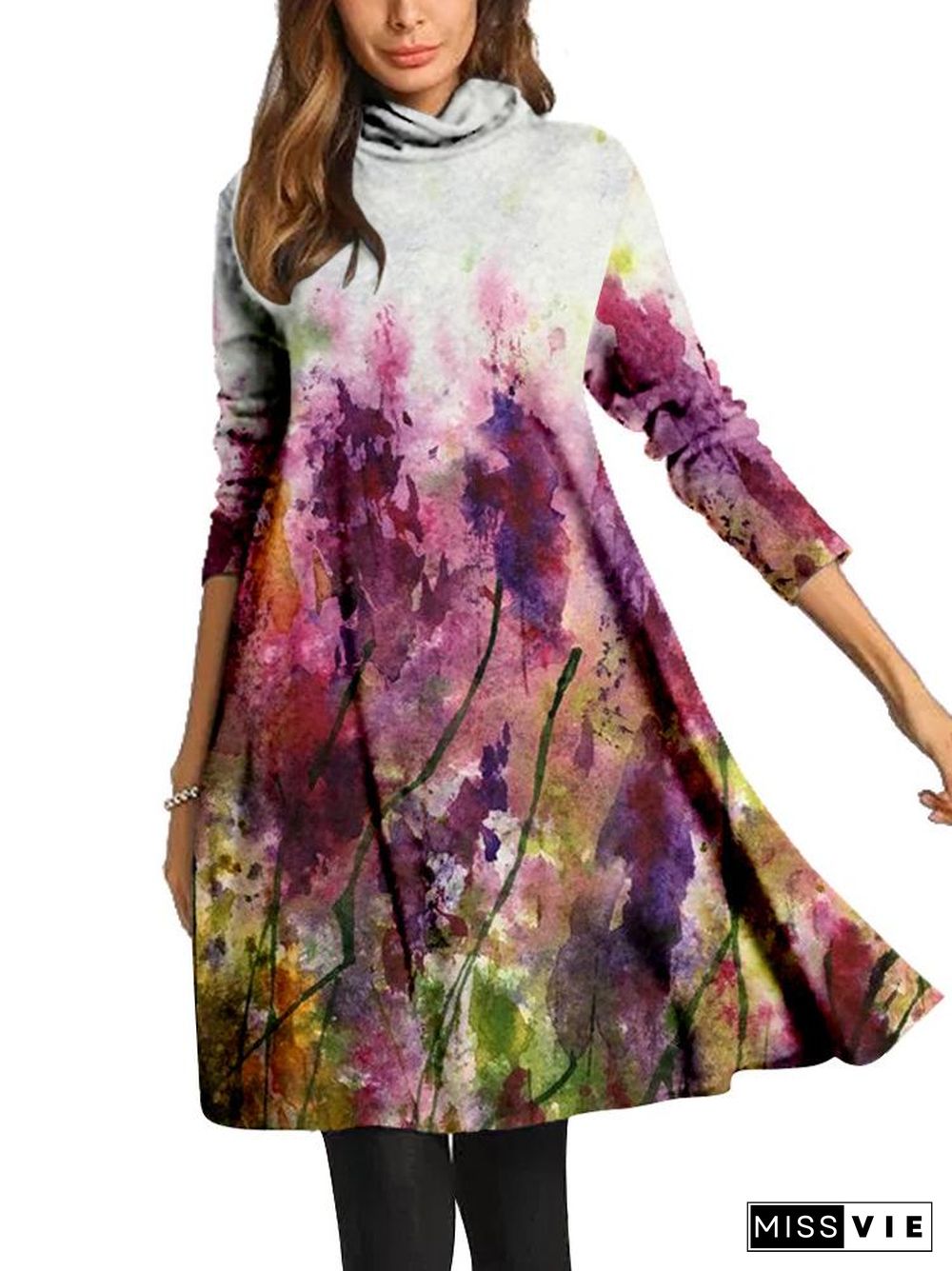 Women Long Sleeve Scoop Neck Printed Midi Dress