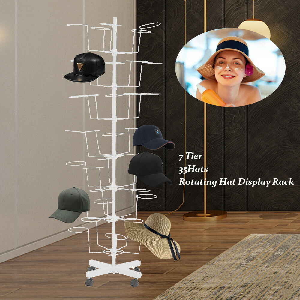 TFCFL 7 Tiers Hat Cap Display Retail Hat Cap Rack Rotating Spinner Metal white Stand (White)