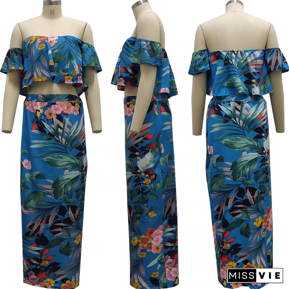 Women Floral Print Boho Off Shoulder Short Sleeve Crop Tops Maxi Skirt Summer Beach Two Piece Set