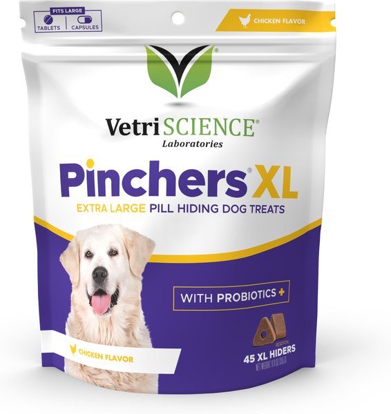 VetriScience Pinchers Pill Hiding Probiotic Chicken Flavor Dog Treats， X-Large， 45 count