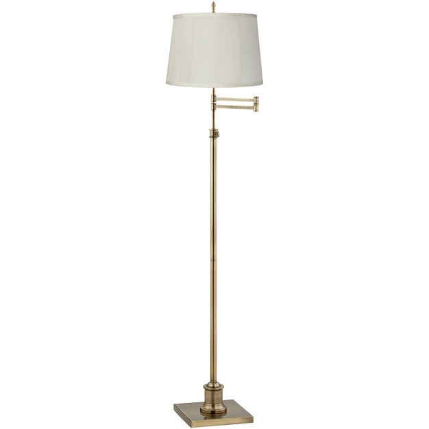 Tall Antique Brass Beige Fabric Drum Shade For Living Room Reading Bedroom Office