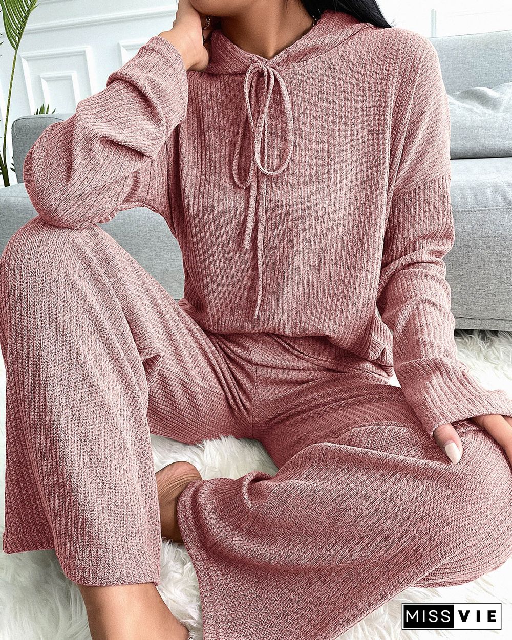 Plain Hooded Top & Drawstring Pants Set