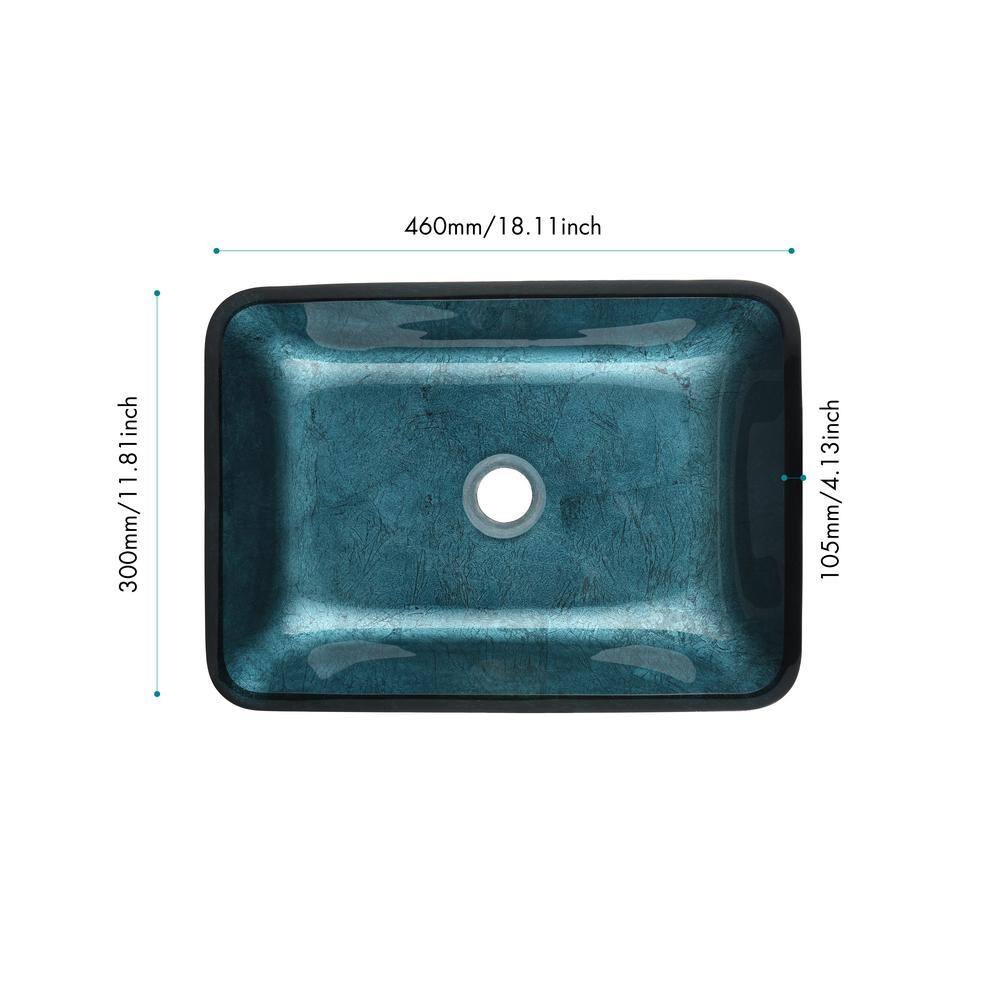 Handmade Countertop Glass Rectangular Vessel Sink in Blue with Single-Handle Faucet and Pop Up Drain in Matte Black W-Sun-12