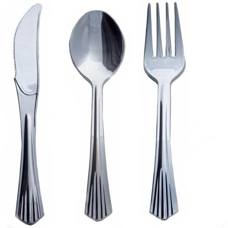 24 Pack Silver Heavy Duty Plastic Utensil Set With Fluted Handles, Disposable Silverware 6