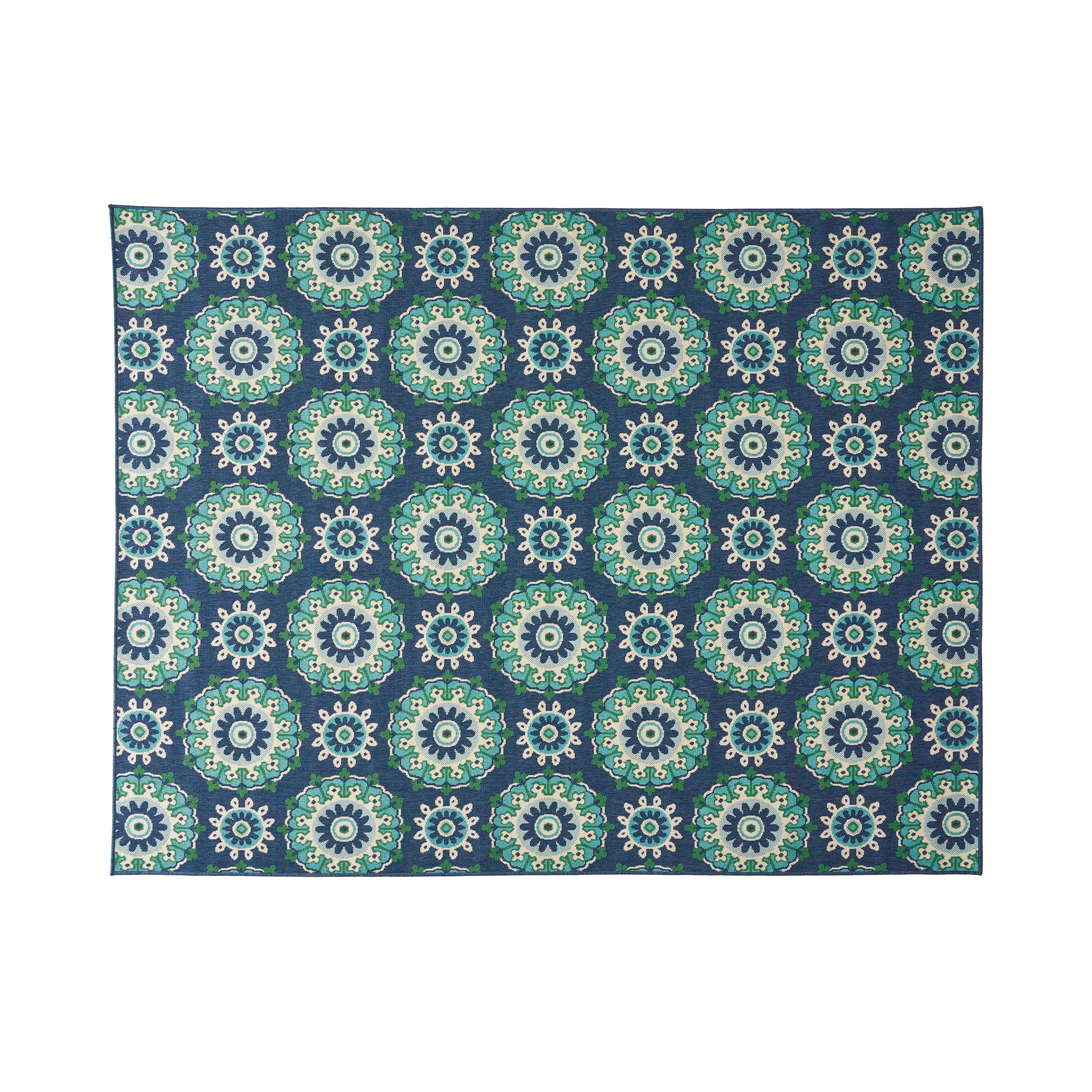 Arlene Outdoor Medallion Area Rug, Navy and Green